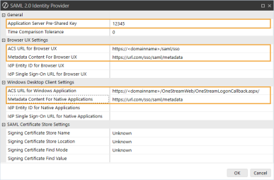 The SAML 2.0 Identity Provider dialog box has a grid with row headings that have a gray background with black text and can be expanded to display fields with a white background and black text. In this example, in the General section, Application Server Pre-Shared Key is highlighted. In the Browser UX Settings section, ACS URL for Browser UX and Metadata Content for Browser UX are highlighted. In the Windows Desktop Client Settings section, ACS URL for Windows Application and Metadata Content for Native Applications are highlighted.