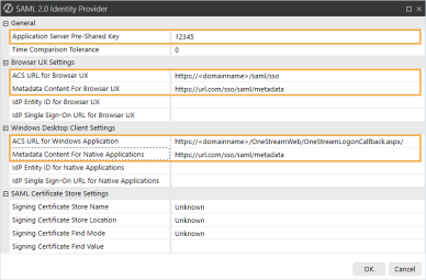 The SAML 2.0 Identity Provider dialog box has a grid with row headings that have a gray background with black text and can be expanded to display fields with a white background and black text. In this example, in the General section, Application Server Pre-Shared Key is highlighted. In the Browser UX Settings section, ACS URL for Browser UX and Metadata Content for Browser UX are highlighted. In the Windows Desktop Client Settings section, ACS URL for Windows Application and Metadata Content for Native Applications are highlighted.