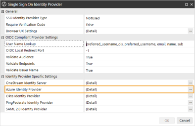 The Single Sign On Identity Provider dialog box has a grid with row headings that have a gray background with black text and can be expanded to display fields with a white background and black text. In this example, in the General section, Azure Identity Provider is highlighted.
