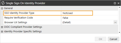 The Single Sign On Identity Provider dialog box has a grid with row headings that have a gray background with black text and can be expanded to display fields with a white background and black text. In this example, in the General section, SSO Identity Provider Type is set to NotUsed.
