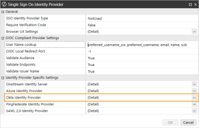 The Single Sign On Identity Provider dialog box has a grid with row headings that have a gray background with black text and can be expanded to display fields with a white background and black text. In this example, in the General section, Okta Identity Provider is highlighted.