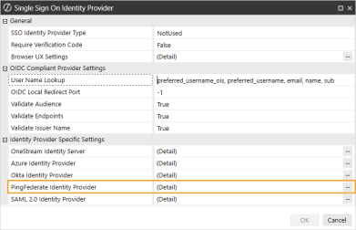 The Single Sign On Identity Provider dialog box has a grid with row headings that have a gray background with black text and can be expanded to display fields with a white background and black text. In this example, in the General section, PingFederate Identity Provider is highlighted.