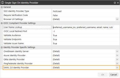 The Single Sign On Identity Provider dialog box has a grid with row headings that have a gray background with black text and can be expanded to display fields with a white background and black text. In this example, in the General section, SAML 2.0 Identity Provider is highlighted.