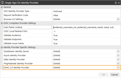 The Single Sign On Identity Provider dialog box has a grid with row headings that have a gray background with black text and can be expanded to display fields with a white background and black text. In this example, in the General section, SAML 2.0 Identity Provider is highlighted.
