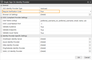 The Single Sign On Identity Provider dialog box has a grid with row headings that have a gray background with black text and can be expanded to display fields with a white background and black text. In this example, in the General section, the Require Verification Code field displays True.