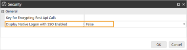 The Security dialog box has a grid with row headings that have a gray background with black text and can be expanded to display fields with a white background and black text. In this example, in the General section, Display Native Login with SSO Enabled is set to False.