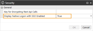 The Security dialog box has a grid with row headings that have a gray background with black text and can be expanded to display fields with a white background and black text. In this example, in the General section, Display Native Login with SSO Enabled is set to True.
