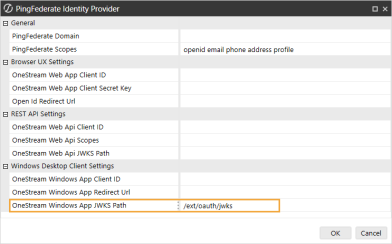 The PingFederate Identity Provider dialog box has a grid with row headings that have a gray background with black text and can be expanded to display fields with a white background and black text. In this example, in the Windows Desktop Client Settings section, OneStream Windows App JWKS Path is highlighted.