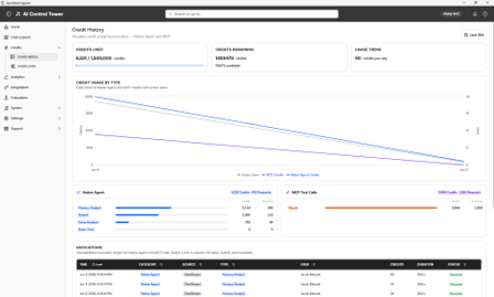 The Credits dashboad displays with the KPIs and the AI Credit Usage chart