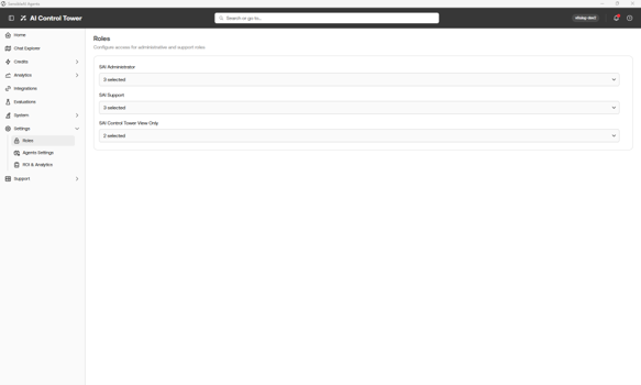 The Roles page is selected and three groups display, SAI Administrator, SAI Support, and SAI Control Tower View Only