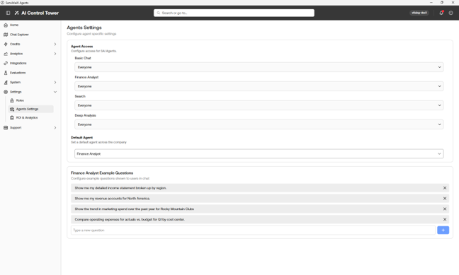 The Agents page displays Agent Access and Default Agent
