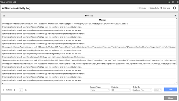 The Error log provides error details for each failed job and task.