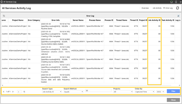 Search for errors in the Error log by entering the Job Activity ID.