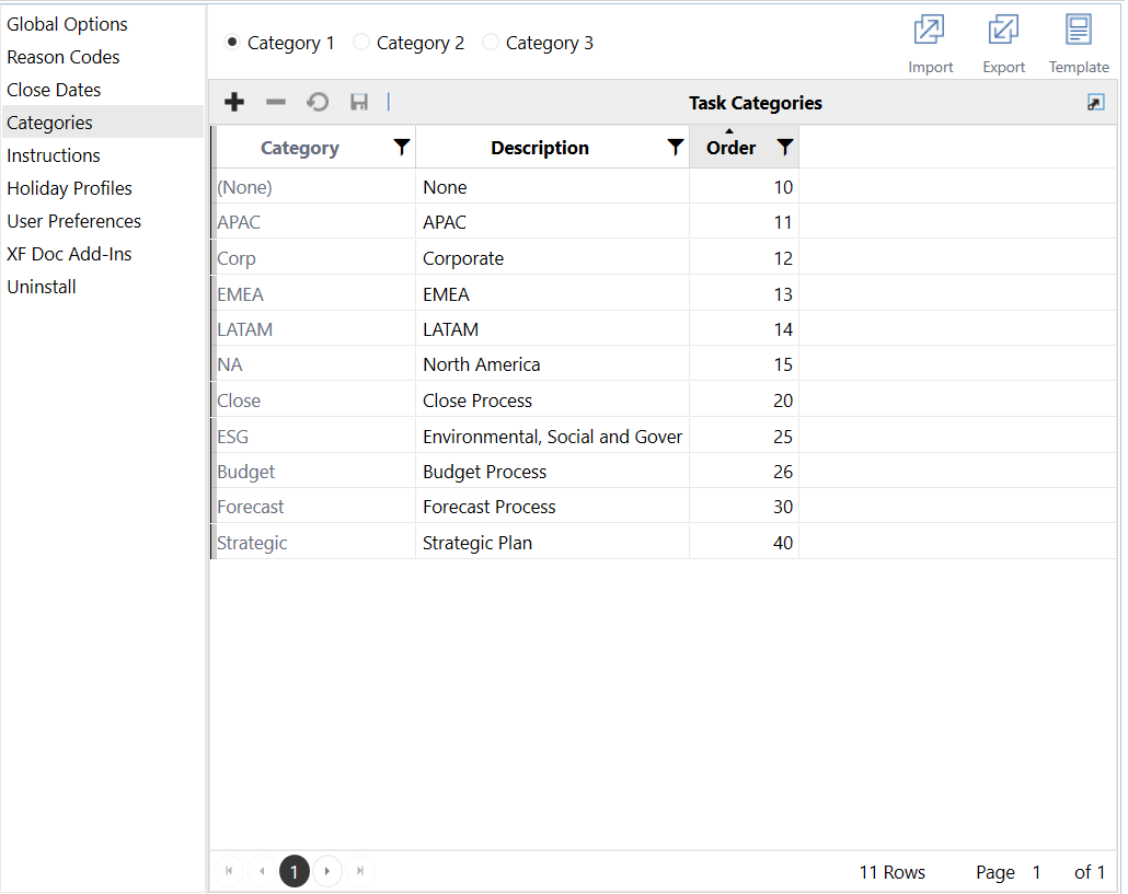 Categories page in the Task Manager Settings