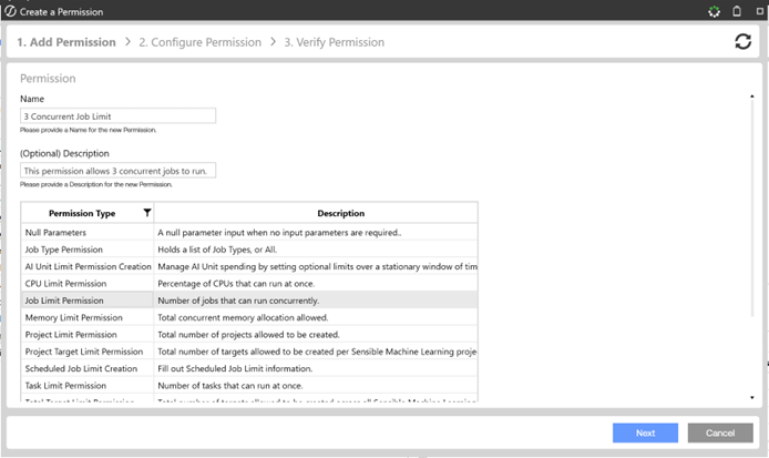 Create a Permission dialog (Step 1: Add Permission) showing fields for permission name, 3 Concurrent Job Limit, and optional description, along with a table listing available permission types and their descriptions, and navigation buttons for Next and Cancel