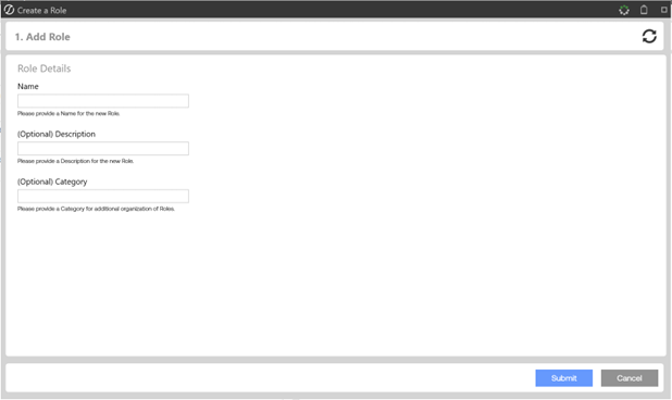Create a Role dialog showing fields to enter role name, optional description, and optional category under Role Details, with Submit and Cancel buttons