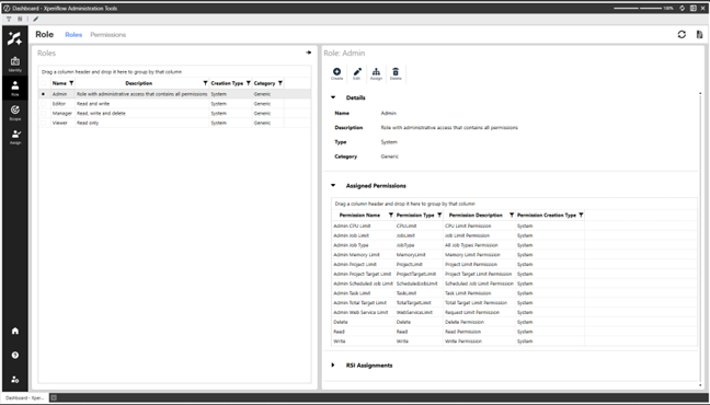 Xperiflow Administration Tools Role management screen showing a list of roles, for example, Admin, Manager, and Viewer, on the left and detailed information for the selected Admin role on the right, including description, type, category, and a table of assigned permissions and role assignments