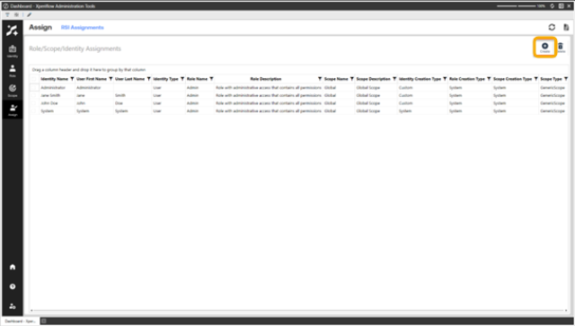 Xperiflow Administration Tools Assign screen showing Role/Scope/Identity Assignments in a table format, including columns such as identity name, user name, role name, scope name, and creation types, with multiple users assigned to roles and scopes. Highlighted create button in top right corner