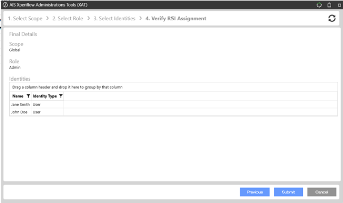 AIS Xperiflow Administration Tools assignment wizard (Step 4: Verify RSI Assignment) showing final details including selected scope (Global), role (Admin), and identities (Jane Smith, John Doe), along with Previous, Submit, and Cancel buttons