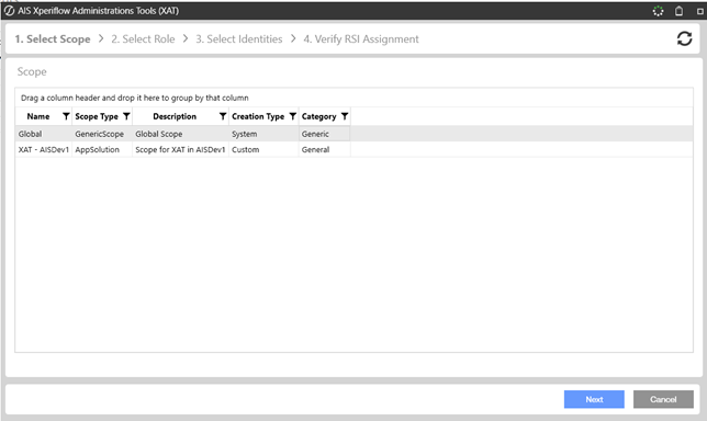 AIS Xperiflow Administration Tools assignment wizard (Step 1: Select Scope) showing a table of available scopes, for example, Global and XAT, with columns for scope type, description, creation type, and category, along with Next and Cancel buttons