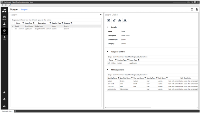 Xperiflow Administration Tools Scope management screen showing a list of scopes, for example, Global and XAT, on the left and detailed information for the selected Global scope on the right, including description, creation type, assigned children scopes, and RSI (Role-Scope-Identity) assignments