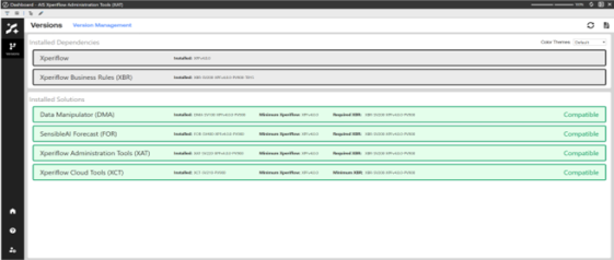 Xperiflow Administration Tools Versions screen showing installed dependencies, for example, Xperiflow and  Xperiflow Business Rules, and installed solutions, for example, Data Manipulator, SensibleAI Forecast, XAT, and  XCD, each marked as compatible with version details displayed